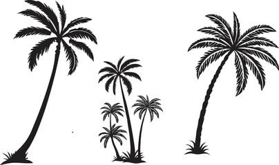 Fototapeta premium Tropical beach vector illustration features a striking palm tree silhouette against a summer sky