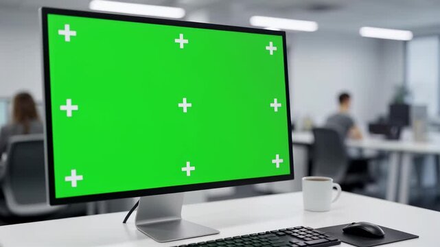 Modern Workspace Mockup: A sleek desktop computer with a vibrant green screen sits prominently on a minimalist desk, surrounded by a stylish and modern office interior.