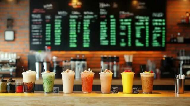 A row of colorful drinks sitting on a wooden bar, perfect for cafe or restaurant use