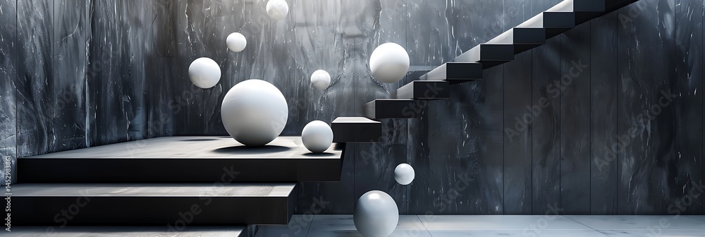 Poster surreal minimalist scene featuring white spheres floating or bouncing down dark concrete stairs with