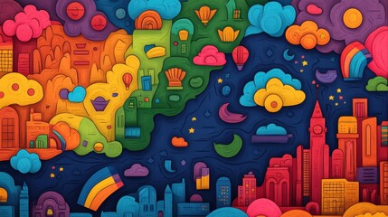 Colorful Abstract Landscape with Clouds and Buildings in Bright Hues