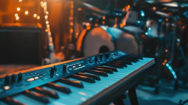A detailed view of a keyboard with a drum in the background, perfect for use in tutorials or music-related projects