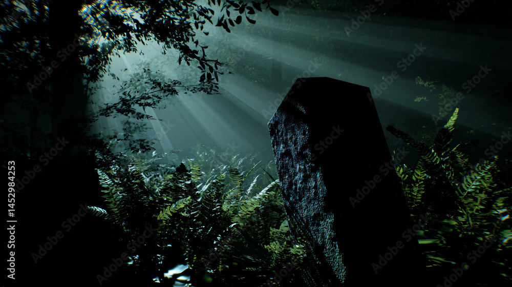 Poster a mysterious forest headstone with moonlight filtering through the trees, creating a mystical standa