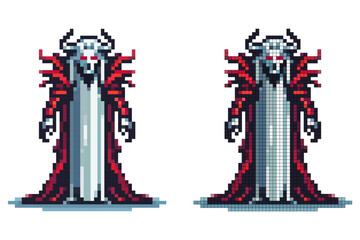 A pixelated character with a skull-like face and red eyes stands confidently in a flowing dark cape. The character exudes a menacing presence, surrounded by an aura of mystery