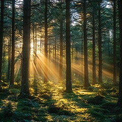 Obraz premium Serene morning in deep green forest high resolution HD wallpaper