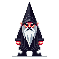 A wizard character in pixel art style stands with a pointed hat and a long white beard. The character's dark robe adds to the magical atmosphere of the artwork