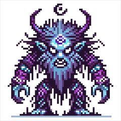 A powerful creature stands tall with prominent horns and glowing symbols on its forehead. The vibrant pixel art features intricate details, showcasing a blend of colors, emphasizing its mystical aura