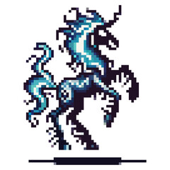 Detailed pixel art features a blue and black unicorn rearing up, showcasing flowing mane and mystical swirls that enhance its magical appearance