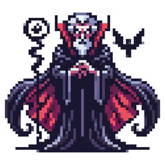 A dark, pixelated figure stands with a staff, wearing a flowing robe adorned with red accents. A raven is nearby, creating an eerie atmosphere. The character is captivating and ominous