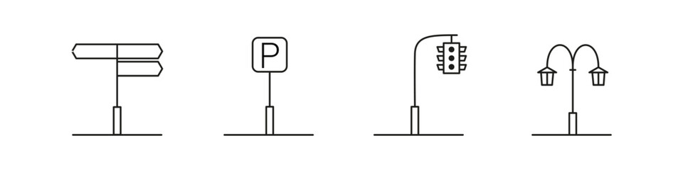 Obraz premium Outline icon set of street elements including a direction sign, parking sign, traffic light, and street lamp, for urban design concepts. 
