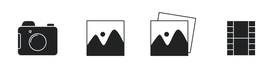 Minimal black and white icons showing camera, photo, image stack, and film strip—perfect for digital design and UI use.
