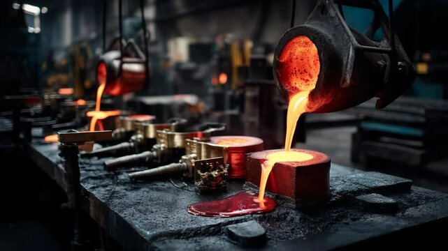 Hot molten metal being poured from a crucible into molds in a foundry setting showcasing intense industrial manufacturing
