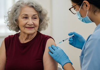 Senior woman smiling calmly as a healthcare worker administers a vaccine shot into her arm in a bright clinic, aiming for health and protection.