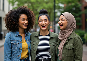 Three diverse young women laugh together outside on a city street, displaying friendship and joy in a natural, candid style with genuine expressions.