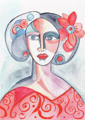 A vibrant abstract watercolor portrait of a feminine face adorned with decorative floral motifs, hand-made watercolor