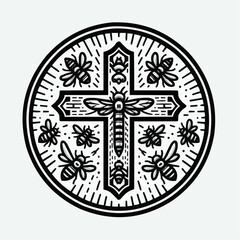 Cross adorned with bees in a vintage decorative style
