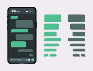 Mockup of Messenger Chat in Mobile Phone. Template of Smartphone and Empty Talk Speech Bubble Icon. Conversation on Smartphone Screen. Interface of Mobile App in a Dark Mode. Editable Vector.