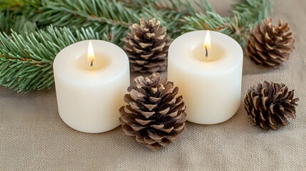 Cozy Winter Candlescape: Burning Candles with Pine Cones and Fir Branches