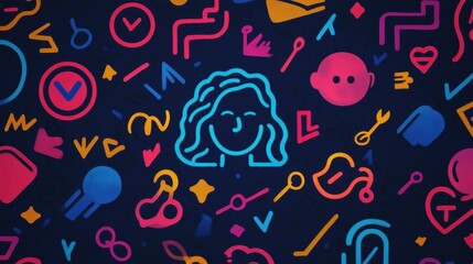 Vibrant Abstract Background with Colorful Icons and Face Illustration