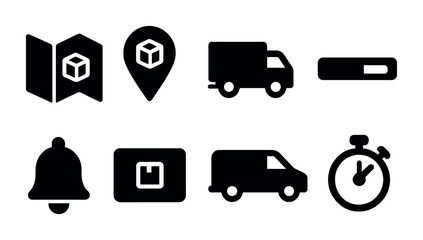 Delivery and logistics solid icons set – filled, shipping, and transport symbols