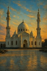 Beautiful Mosque Illuminated by Sunset in Serene Landscape of Abu Dhabi