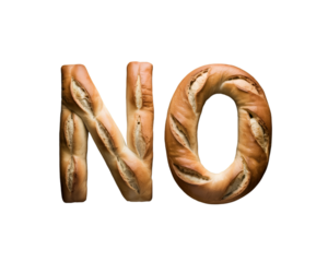 The word no spelled out with bread on a black background in a studio shot with even lighting