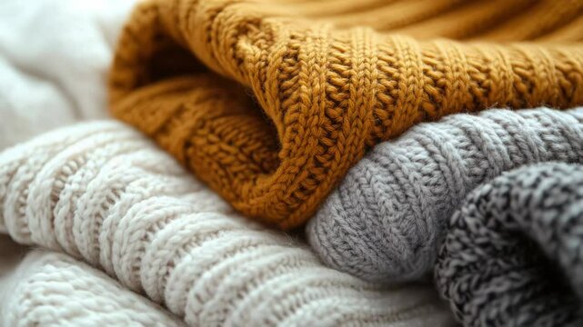 Close-up of a pile of sweaters on a bed, perfect for use in fashion or lifestyle editorial content