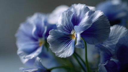 A nigh up of delicate sorbet colored delft blue viola flowers against a flabby background.