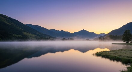 A tranquil lake in the mountains, mist hovering over the surface at dawn.