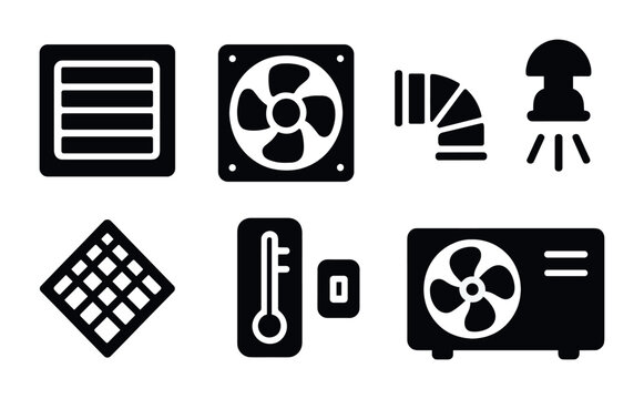 Ventilation and hvac solid icons set &ndash; flat, filled, air and heating symbols