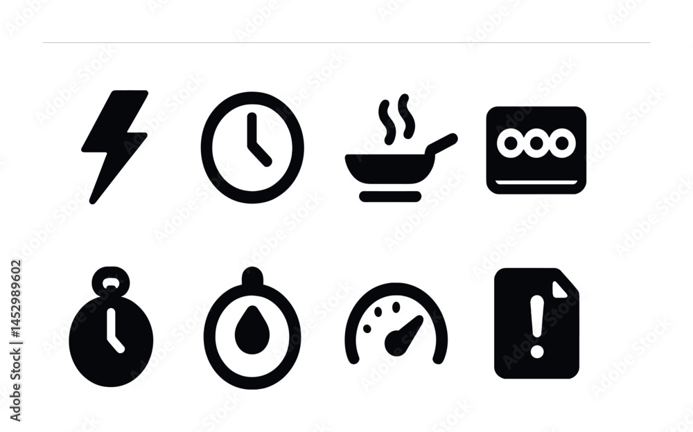 Poster time management solid icons set – clocks, deadlines, scheduling symbols