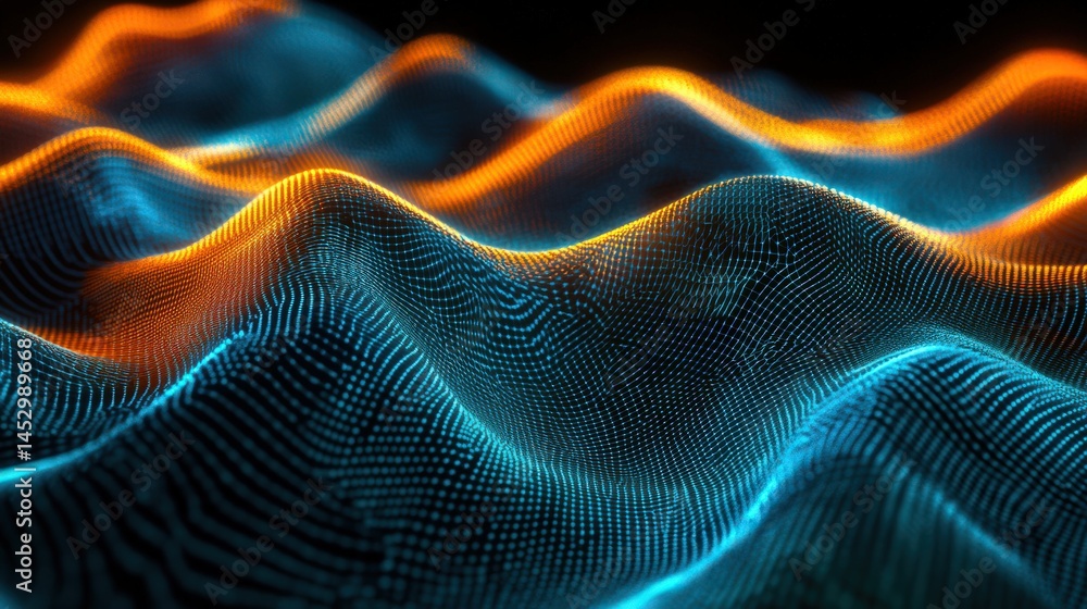 Poster abstract digital waves in vibrant blue and orange colors, creating a dynamic visual effect