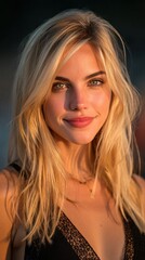 Naklejka premium Blonde woman with green eyes, smiling softly in sunlight