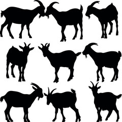 Goat silhouette collection. goat poses, standing, walking, jumping.