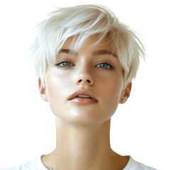 Platinum blonde pixie haircut trend short hairstyles for women fashion look on transparent background