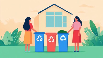 Two Women Sorting Waste for Recycling in a Residential Garden Scene