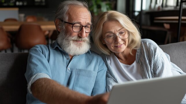 Mature couple sits closely on a sofa, sharing a joyful moment while using a laptop. They are at home in a comfortable and inviting living room, immersed in their activity