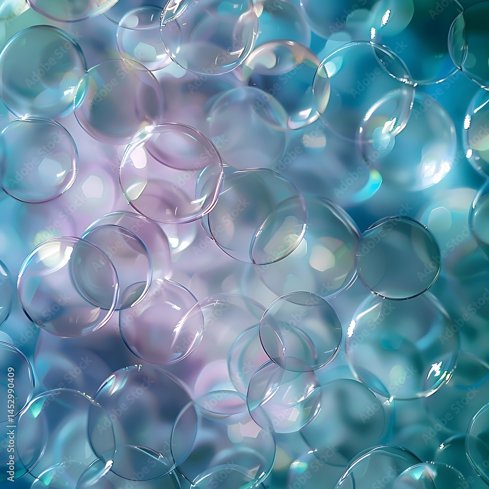Poster abstract background texture of numerous overlapping transparent bubbles with soft blue, purple, and 