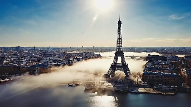 Parisian cityscape, Eiffel Tower, winter fog.