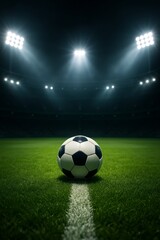 Fototapeta premium Bright Stadium Lights Illuminate a Soccer Ball on the Field During an Evening Match