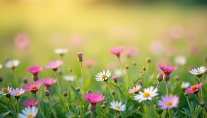 Delicate wildflowers scattered across field, pastel hues, woven, home decor, floral
