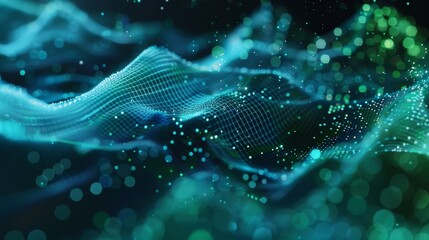Naklejka premium Abstract technology wave of particles. Big data visualization. Dark background with motion green lines. Artificial intelligence. 3d rendering.