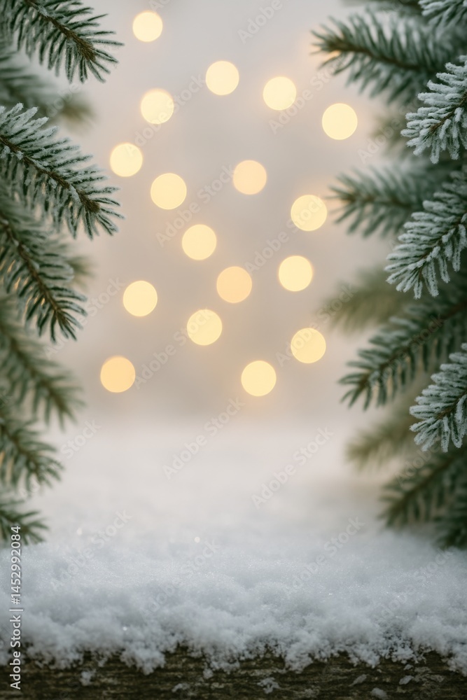 Aufkleber winter wonderland with frosted pine branches and glowing bokeh lights in a snowy setting