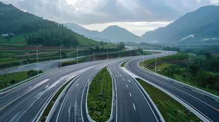 Winding highway through lush green mountains under a cloudy sky at dawn
