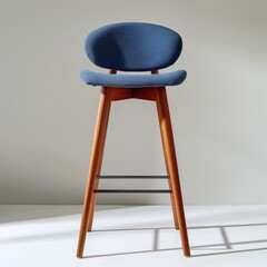 Modern wooden bar chair with blue upholstery and minimal design on a transparent background