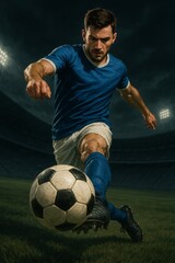 Dynamic Soccer Player Kicking the Ball on a Dark Stadium Field During a Night Match
