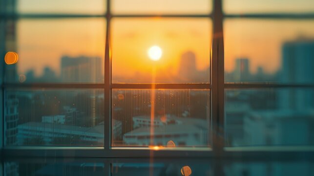Fototapeta Sunset view through window showcasing city skyline during golden hour