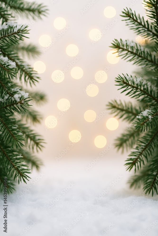 Poster winter wonderland with frosted pine branches and glowing bokeh lights in a snowy setting
