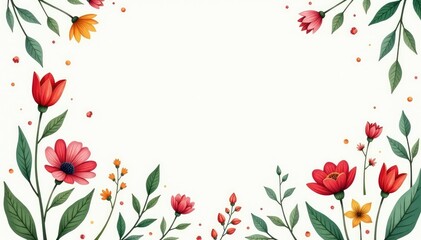 Naklejka premium Delicate hand-drawn wildflowers, scattered leaves , green, hand-drawn