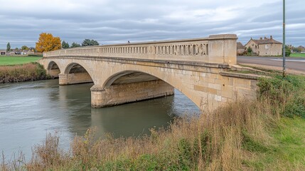 Fototapeta premium Stone arch bridge spans tranquil river landscape.